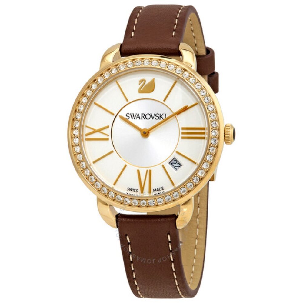 Swarovski Aila day watch, Swiss made, brown leather strap, crystals, gold tone